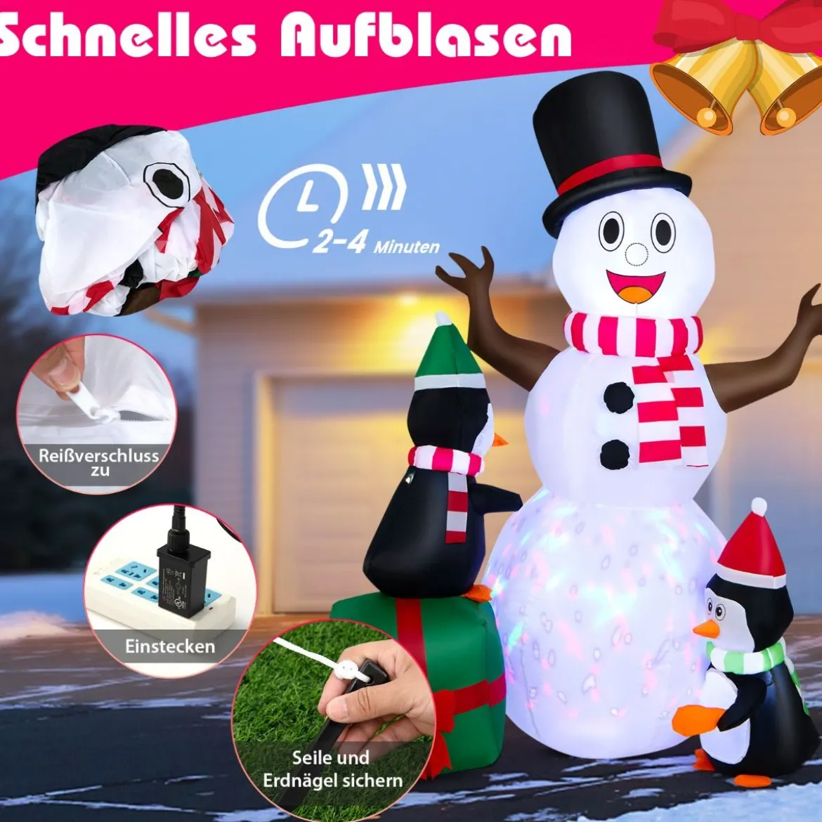 180 cm Aufblasbarer Schneemann mit Pinguinen Weihnachten Deko draußen XL