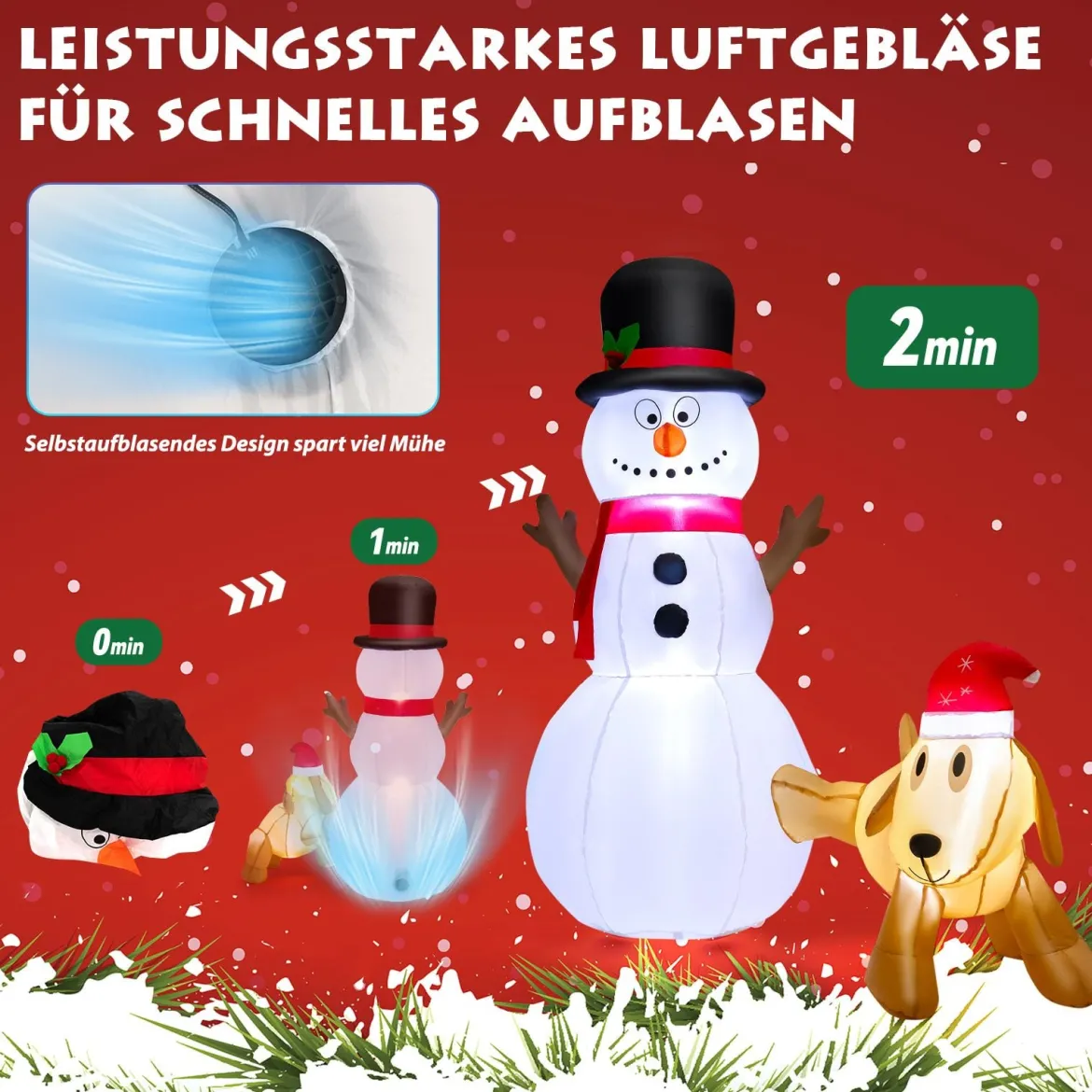 180 cm Aufblasbarer Schneemann mit Süßem Hund Aufblasbarer Weihnachtsschneemann