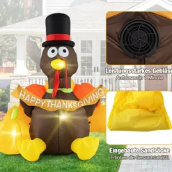 150 cm Aufblasbarer Truthahn mit Kürbis Thanksgiving-Dekoration mit LED-Lichtern