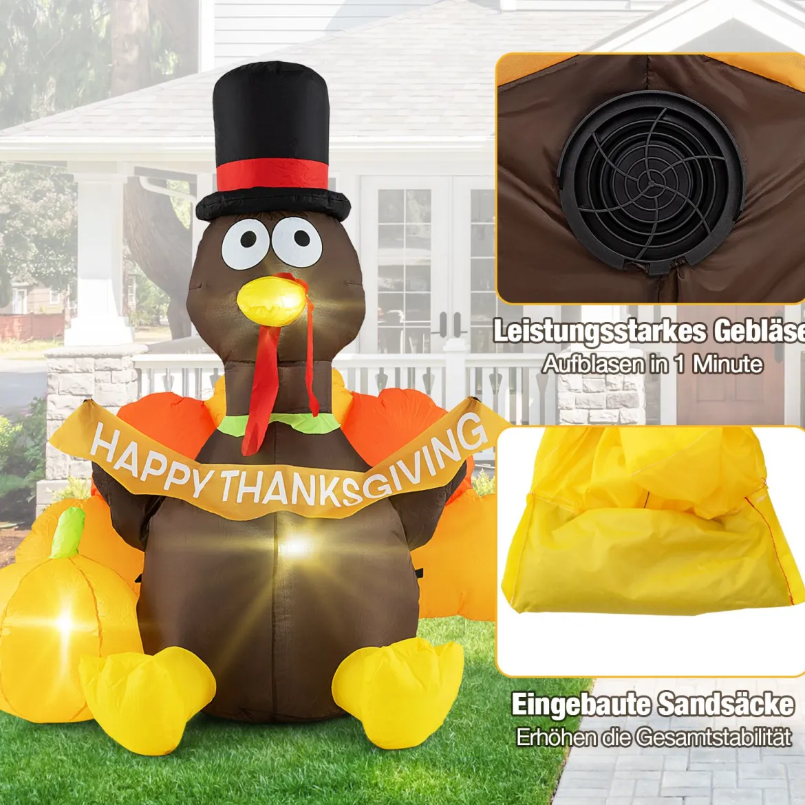 150 cm Aufblasbarer Truthahn mit Kürbis Thanksgiving-Dekoration mit LED-Lichtern