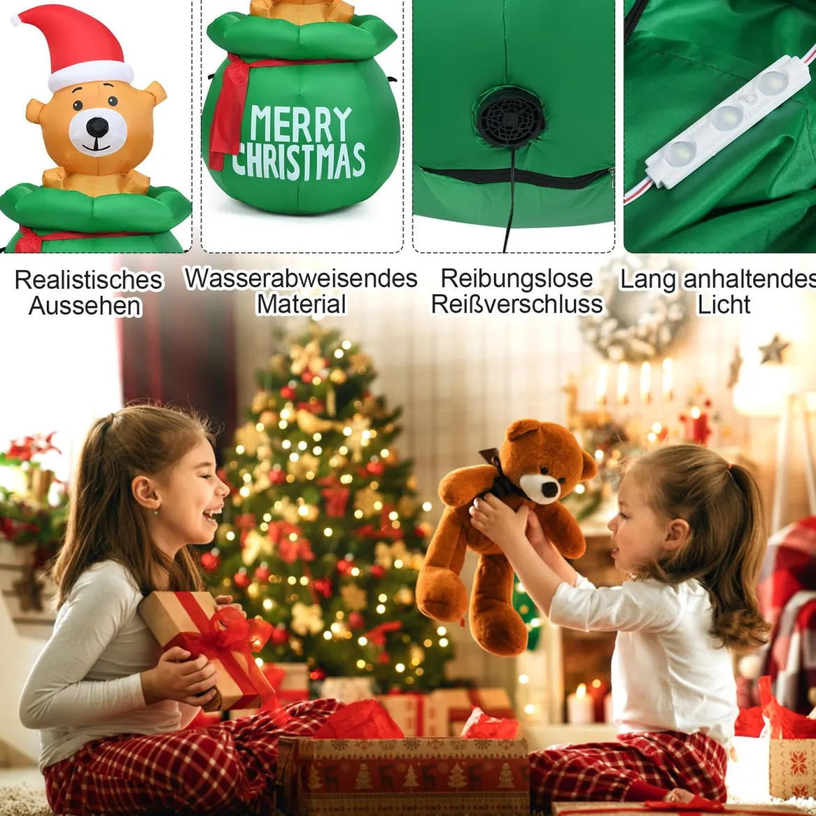 150cm Aufblasbarer Weihnachten Bär mit Beleuchtung als Dekorationen für den Innen- und Außen inkl. Gebläse