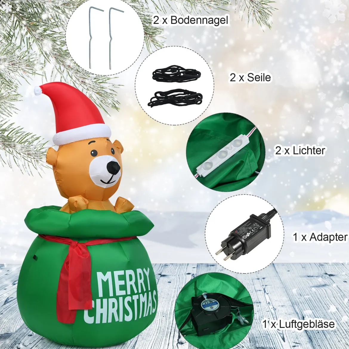 150cm Aufblasbarer Weihnachten Bär mit Beleuchtung als Dekorationen für den Innen- und Außen inkl. Gebläse