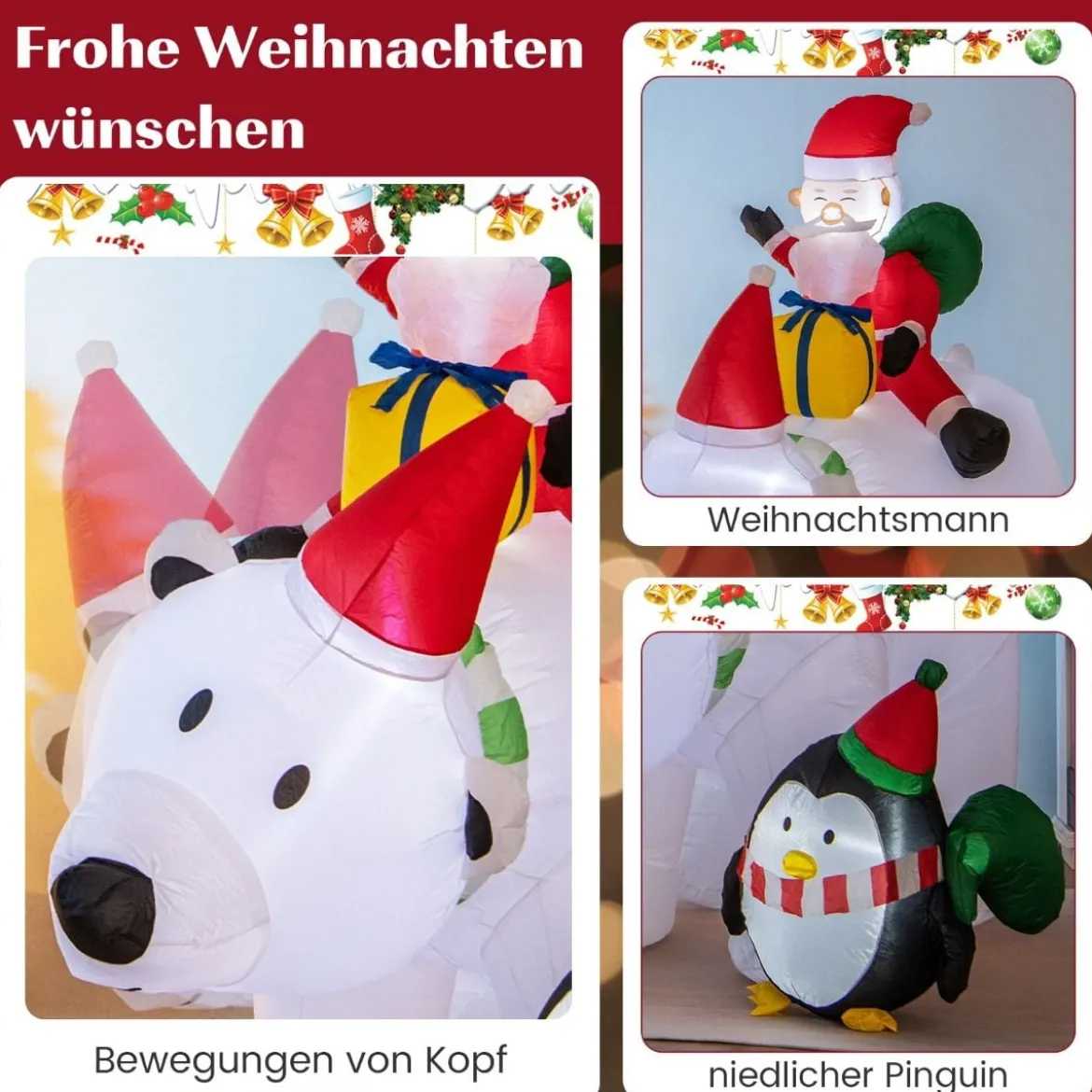210cm Aufblasbarer Weihnachtsmann Eisbär mit Pinguin & Geschenkbox Weihnachtsfigur mit LED-Innenbeleuchtung