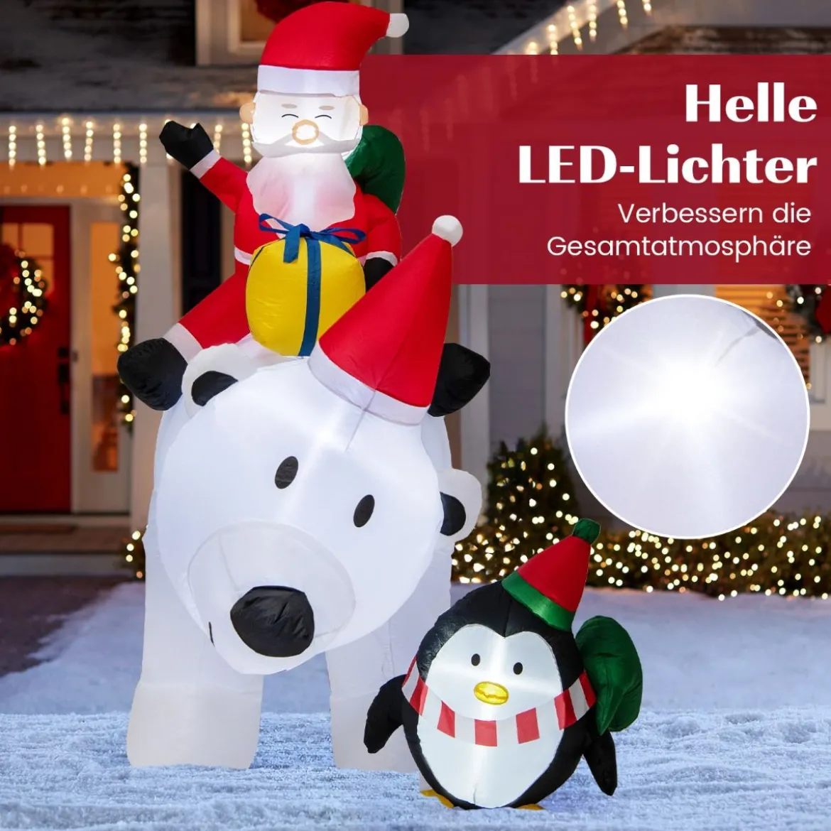 210cm Aufblasbarer Weihnachtsmann Eisbär mit Pinguin & Geschenkbox Weihnachtsfigur mit LED-Innenbeleuchtung