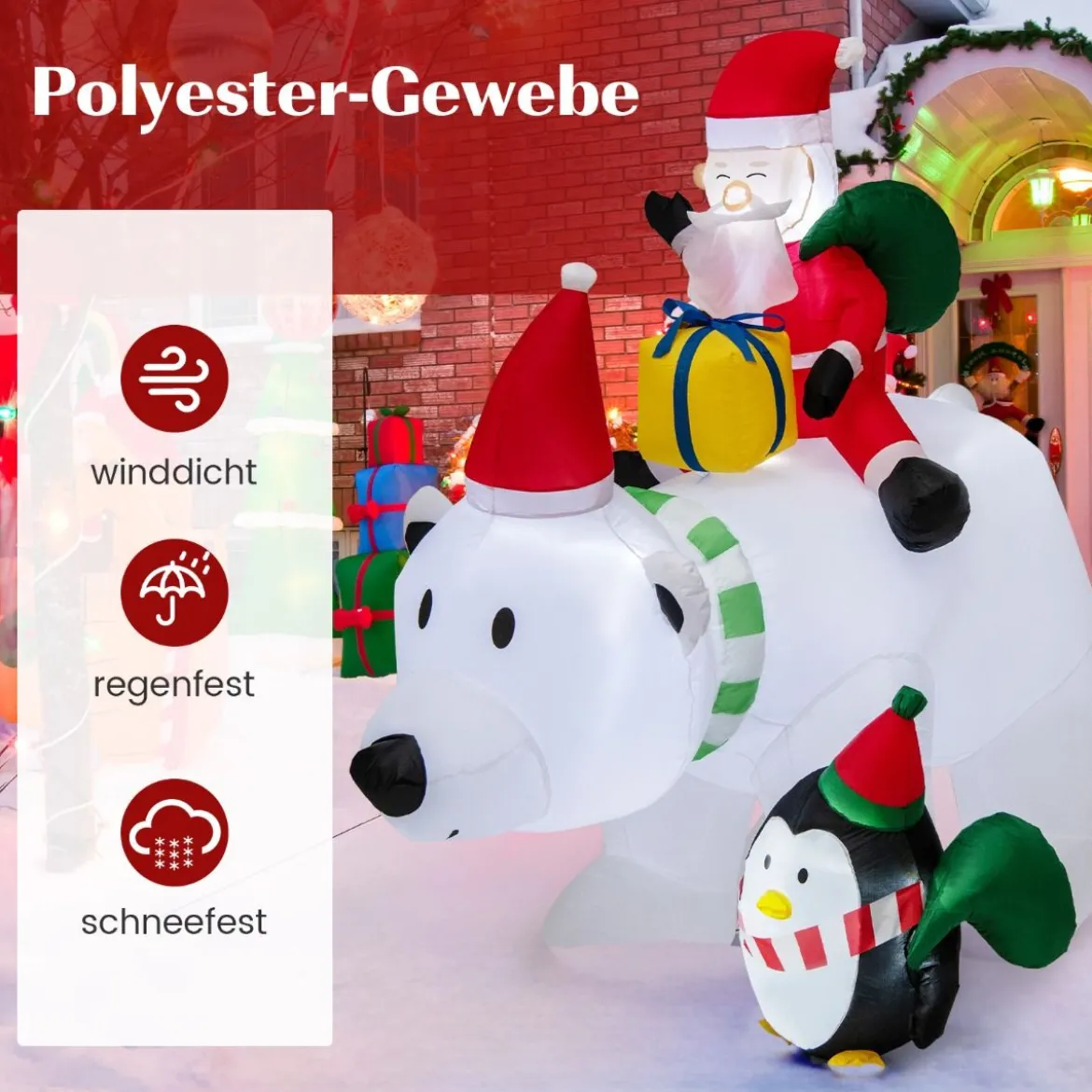 210cm Aufblasbarer Weihnachtsmann Eisbär mit Pinguin & Geschenkbox Weihnachtsfigur mit LED-Innenbeleuchtung