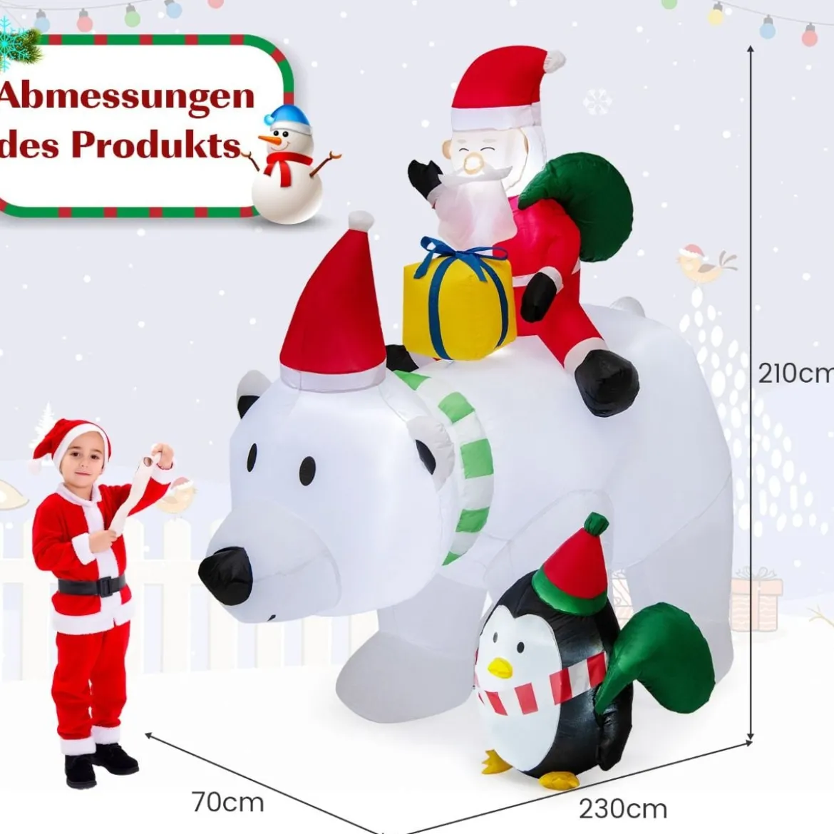 210cm Aufblasbarer Weihnachtsmann Eisbär mit Pinguin & Geschenkbox Weihnachtsfigur mit LED-Innenbeleuchtung
