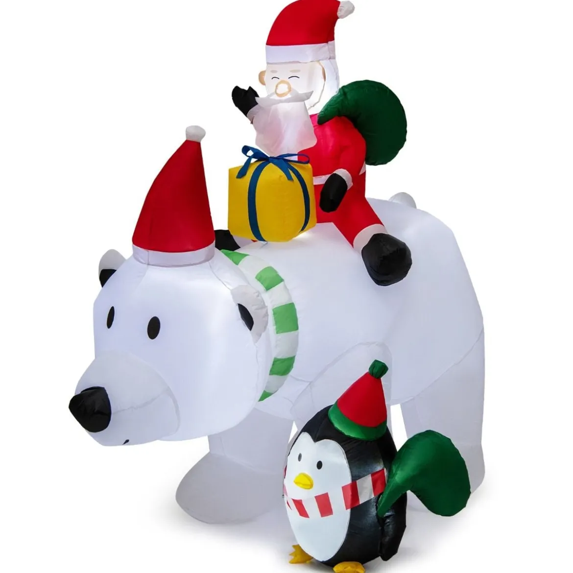 210cm Aufblasbarer Weihnachtsmann Eisbär mit Pinguin & Geschenkbox Weihnachtsfigur mit LED-Innenbeleuchtung