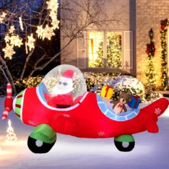 220 cm Aufblasbarer Weihnachtsmann im Flugzeug & Geschenkbox & LED-Lichtern