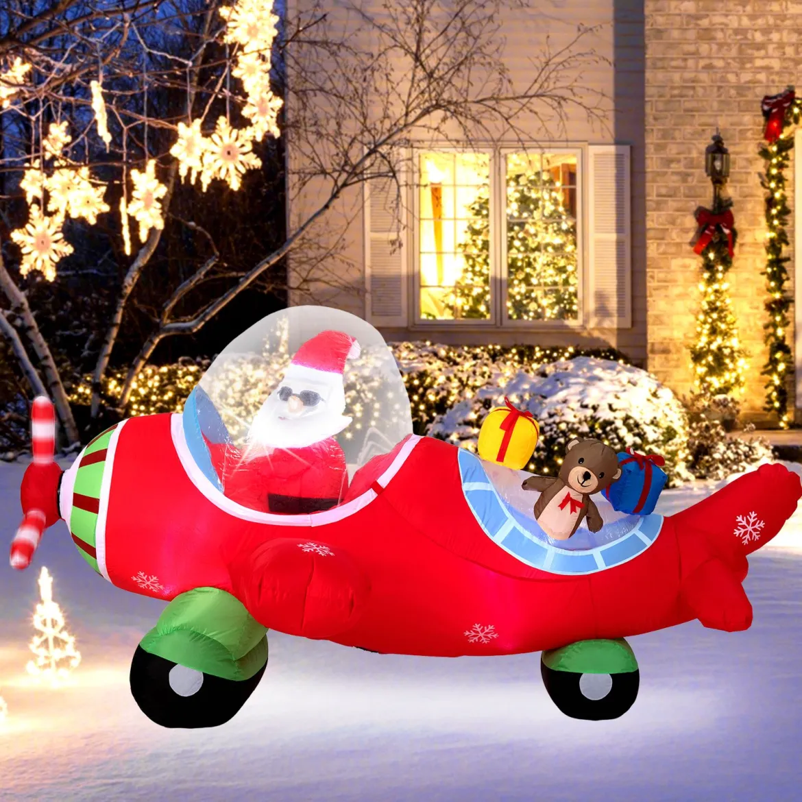 220 cm Aufblasbarer Weihnachtsmann im Flugzeug & Geschenkbox & LED-Lichtern
