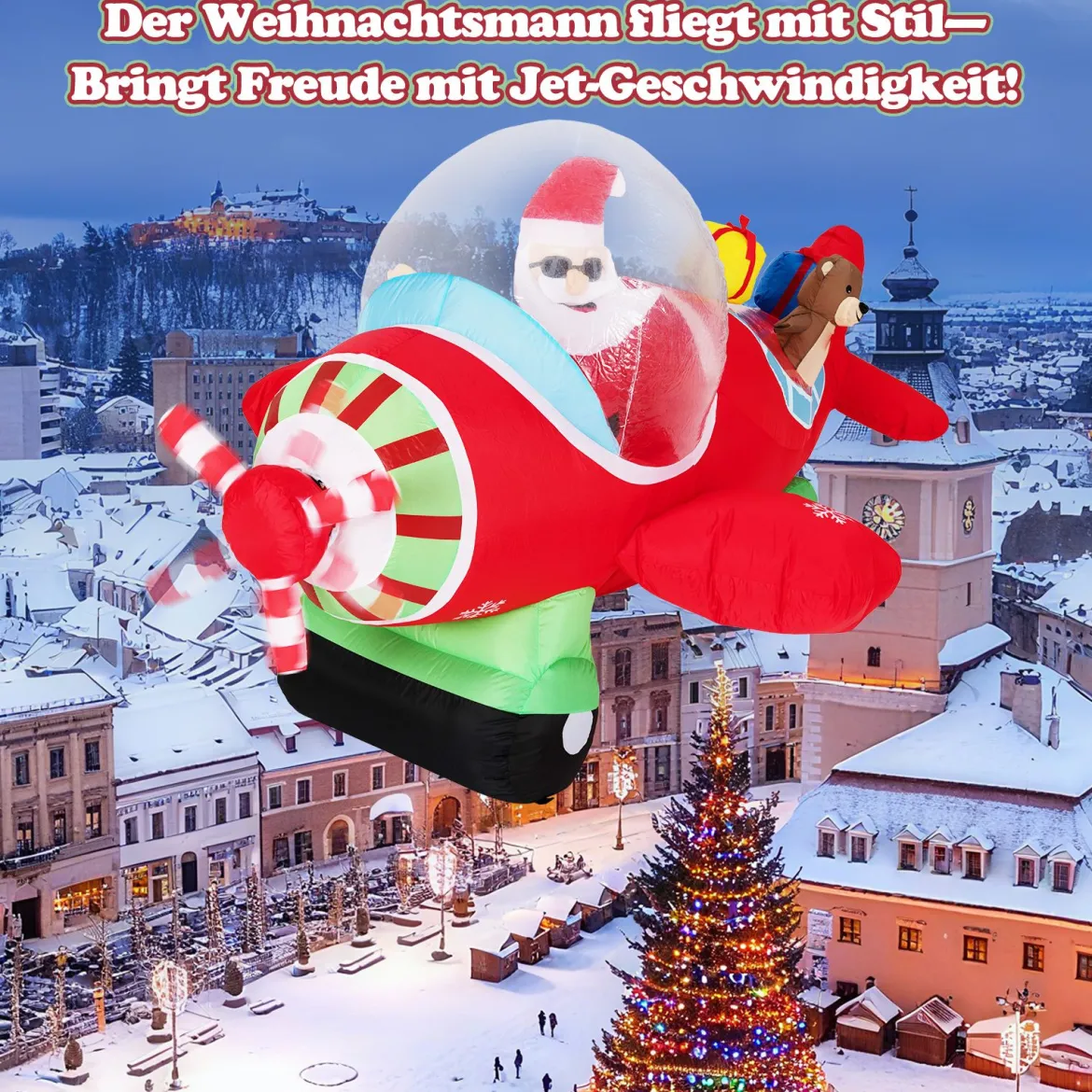 220 cm Aufblasbarer Weihnachtsmann im Flugzeug & Geschenkbox & LED-Lichtern
