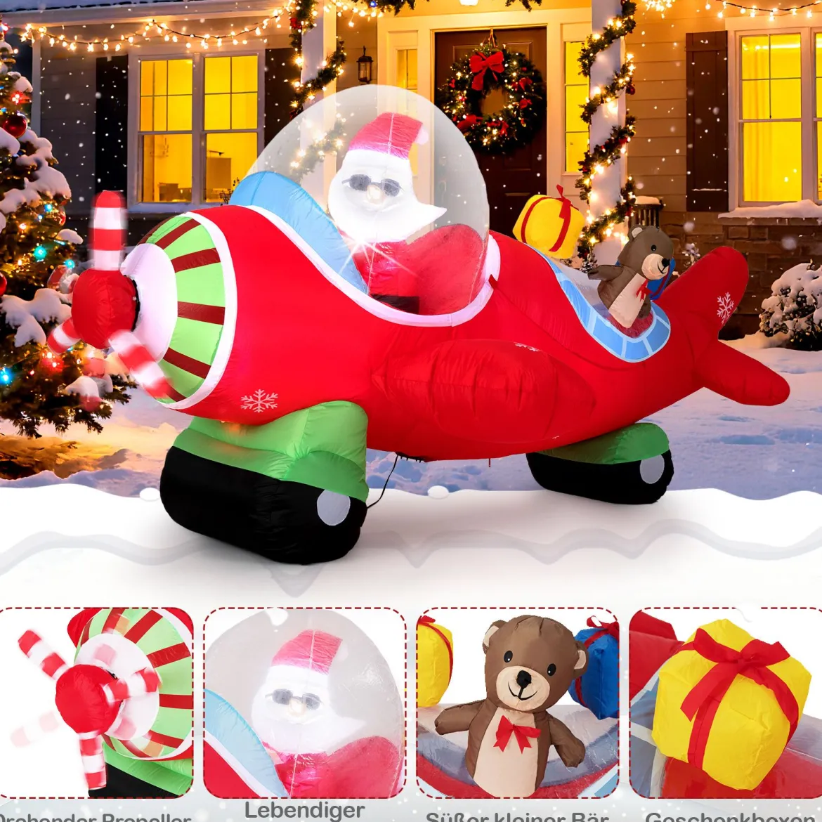 220 cm Aufblasbarer Weihnachtsmann im Flugzeug & Geschenkbox & LED-Lichtern