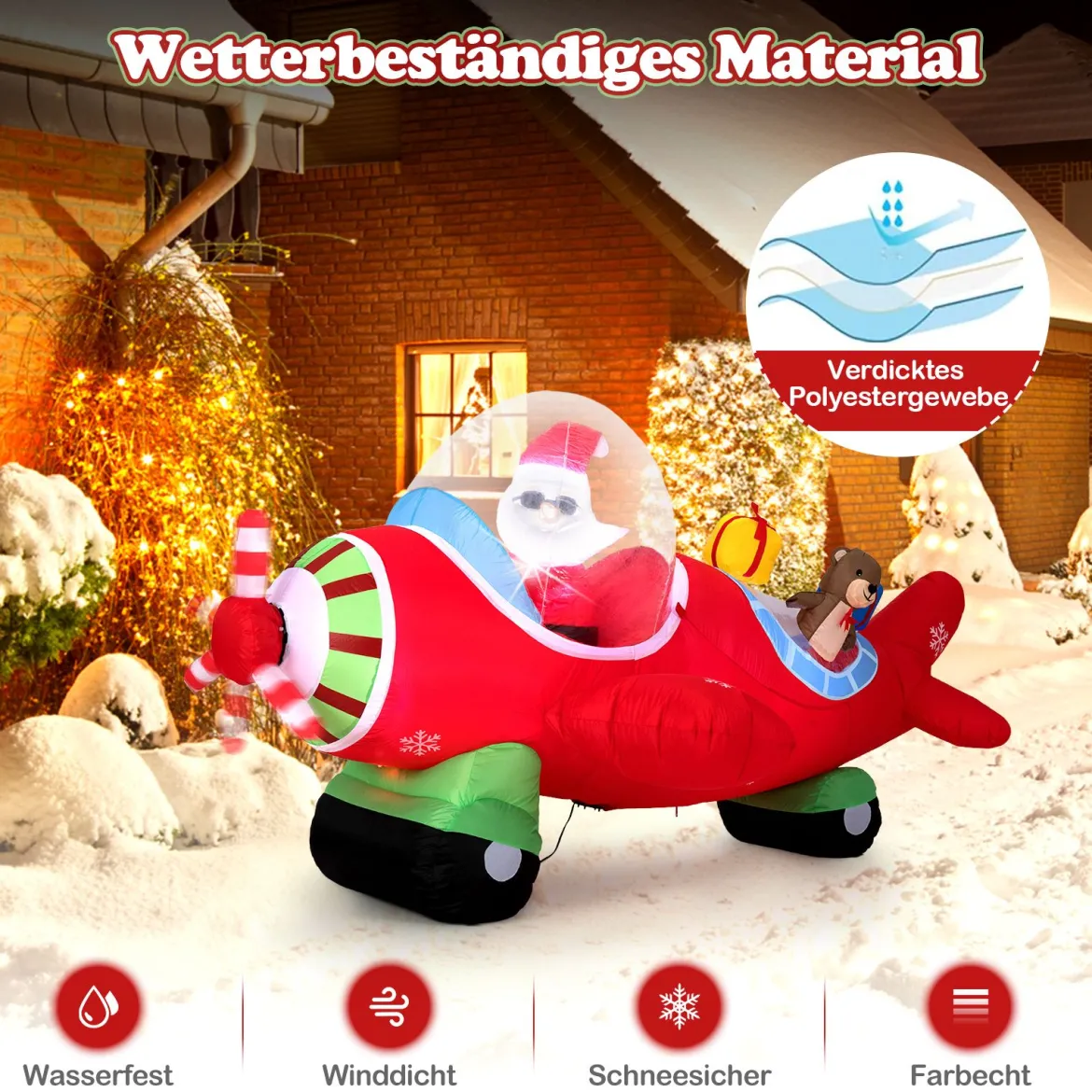 220 cm Aufblasbarer Weihnachtsmann im Flugzeug & Geschenkbox & LED-Lichtern