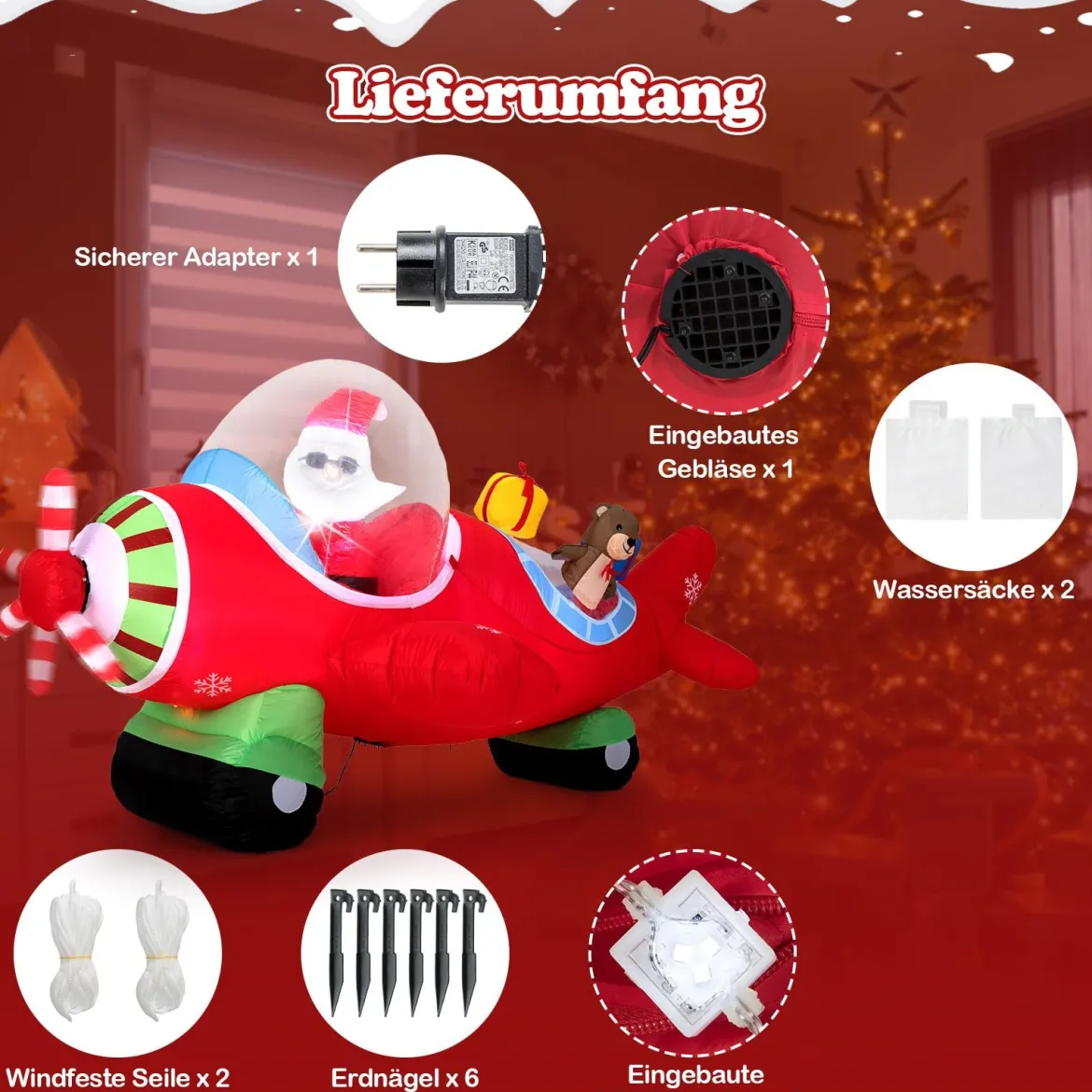 220 cm Aufblasbarer Weihnachtsmann im Flugzeug & Geschenkbox & LED-Lichtern