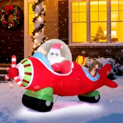 220 cm Aufblasbarer Weihnachtsmann im Flugzeug & Geschenkbox & LED-Lichtern