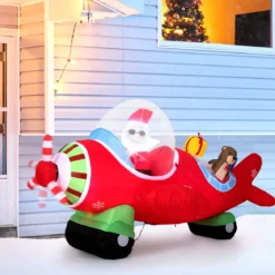 220 cm Aufblasbarer Weihnachtsmann im Flugzeug & Geschenkbox & LED-Lichtern