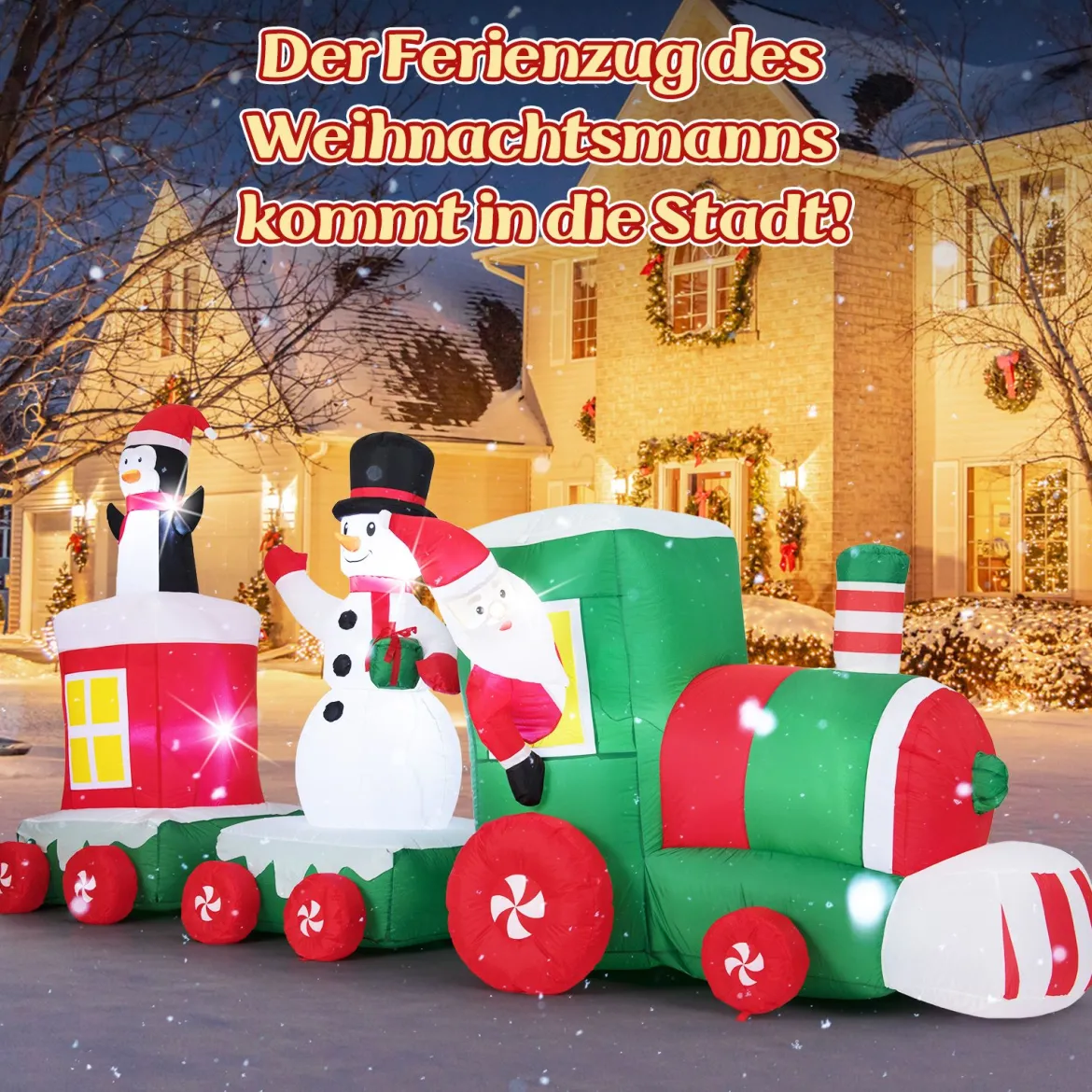 350 cm Aufblasbarer Weihnachtszug mit Weihnachtsmann & Schneemann & Pinguin