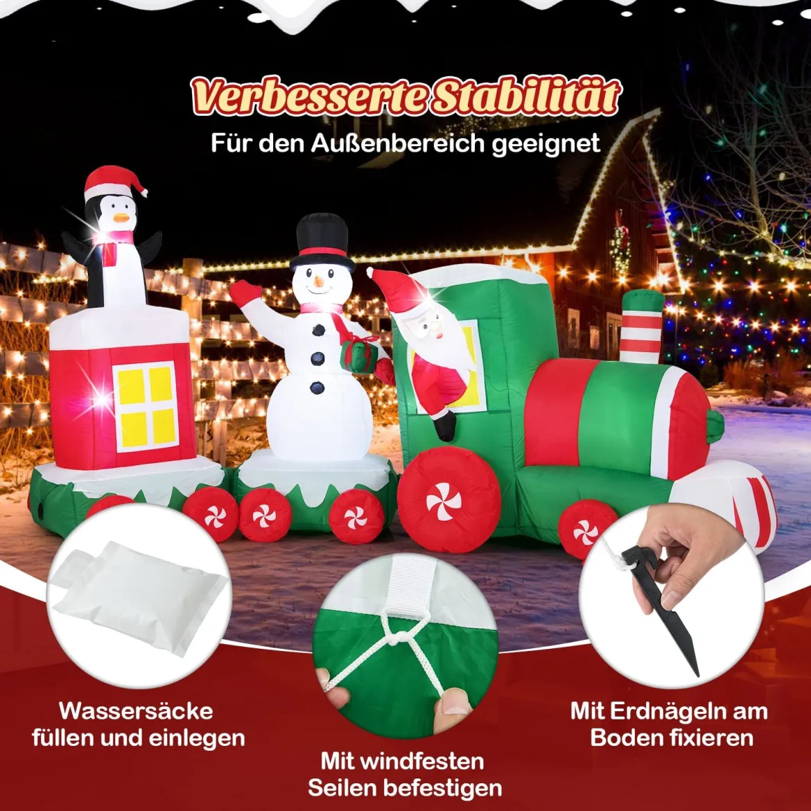 350 cm Aufblasbarer Weihnachtszug mit Weihnachtsmann & Schneemann & Pinguin