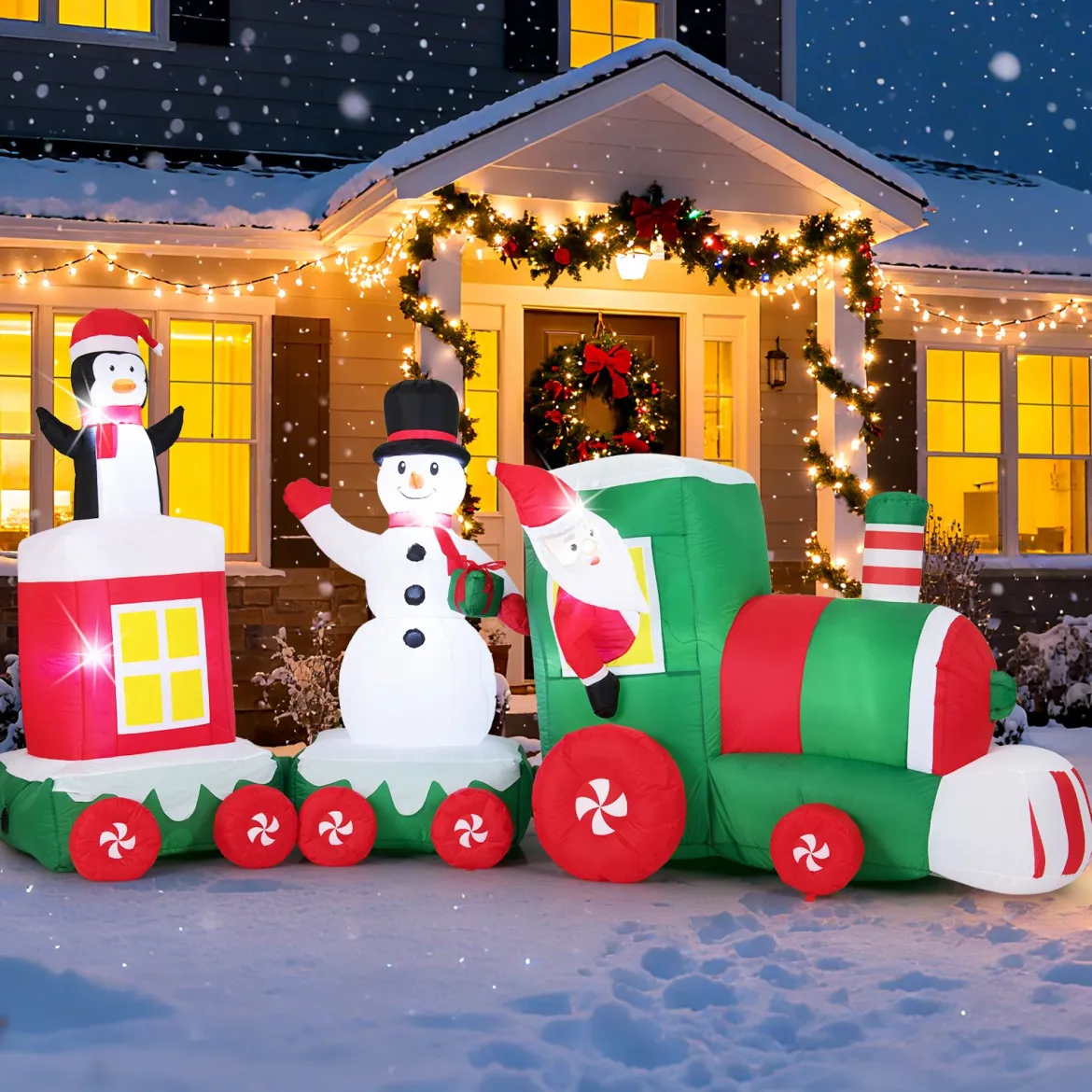 350 cm Aufblasbarer Weihnachtszug mit Weihnachtsmann & Schneemann & Pinguin