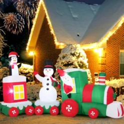 350 cm Aufblasbarer Weihnachtszug mit Weihnachtsmann & Schneemann & Pinguin