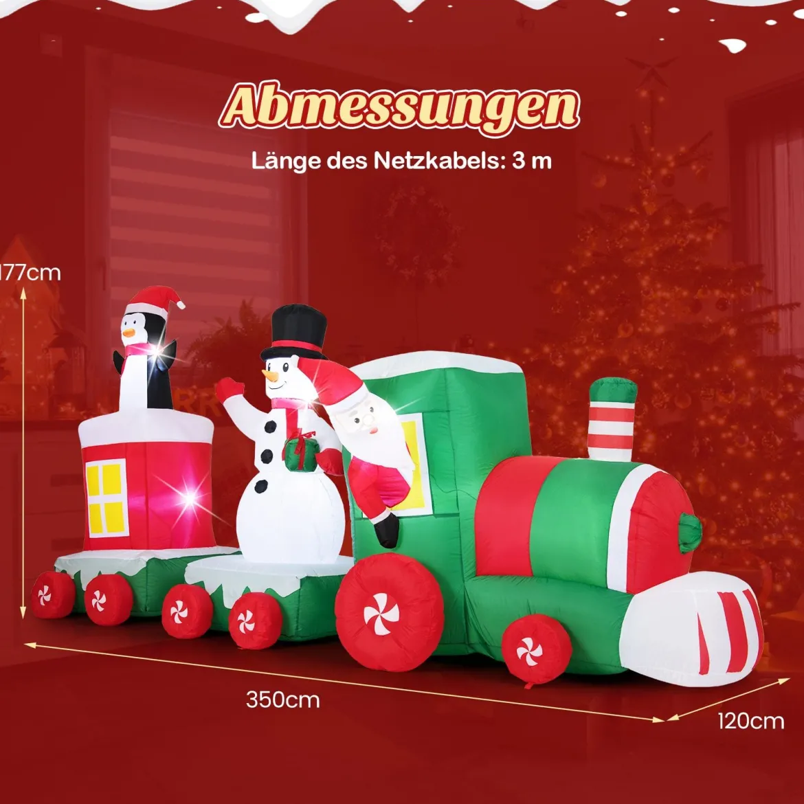 350 cm Aufblasbarer Weihnachtszug mit Weihnachtsmann & Schneemann & Pinguin