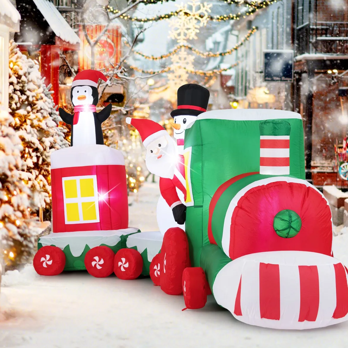 350 cm Aufblasbarer Weihnachtszug mit Weihnachtsmann & Schneemann & Pinguin