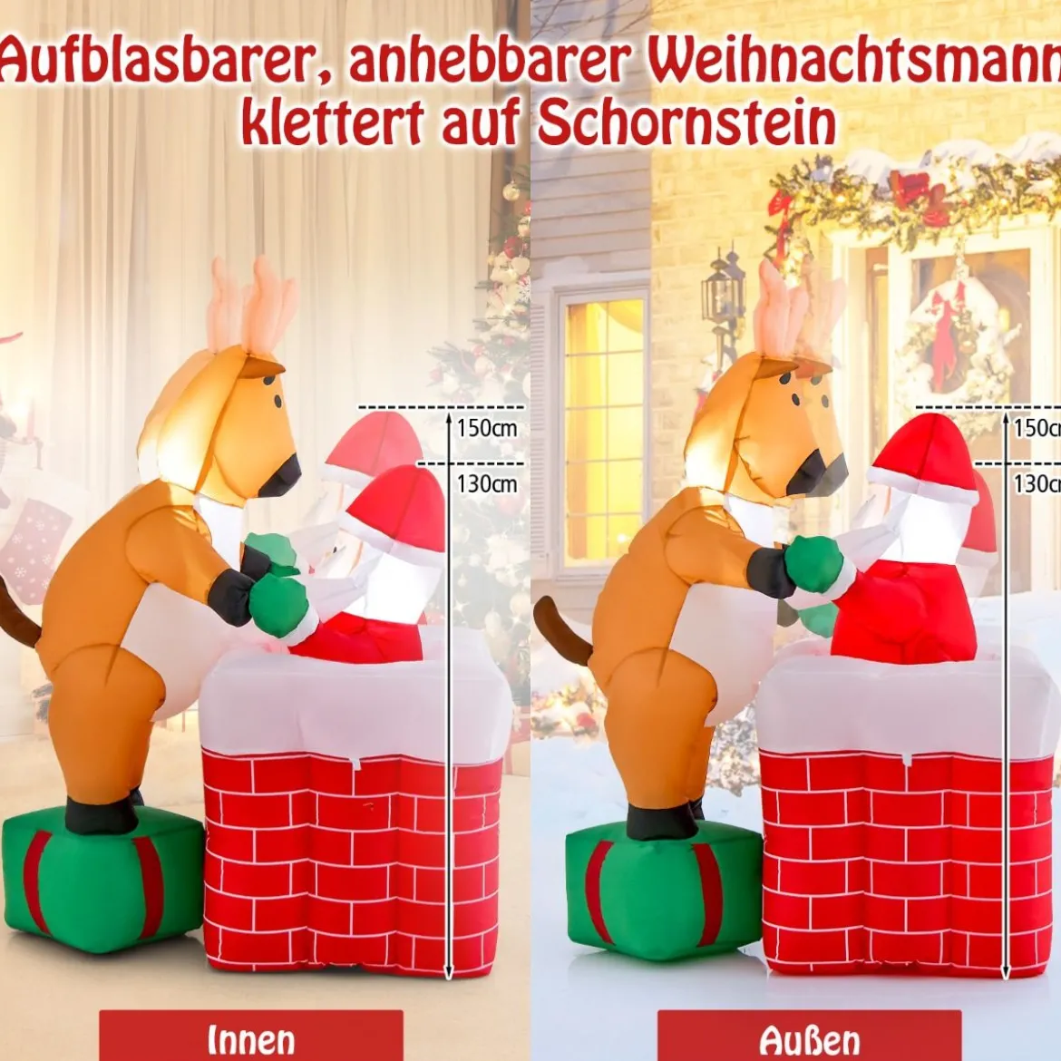 155 cm Aufblasbare Weihnachten Deko Höhenverstellbar LED Weihnachtsmann & Rentier