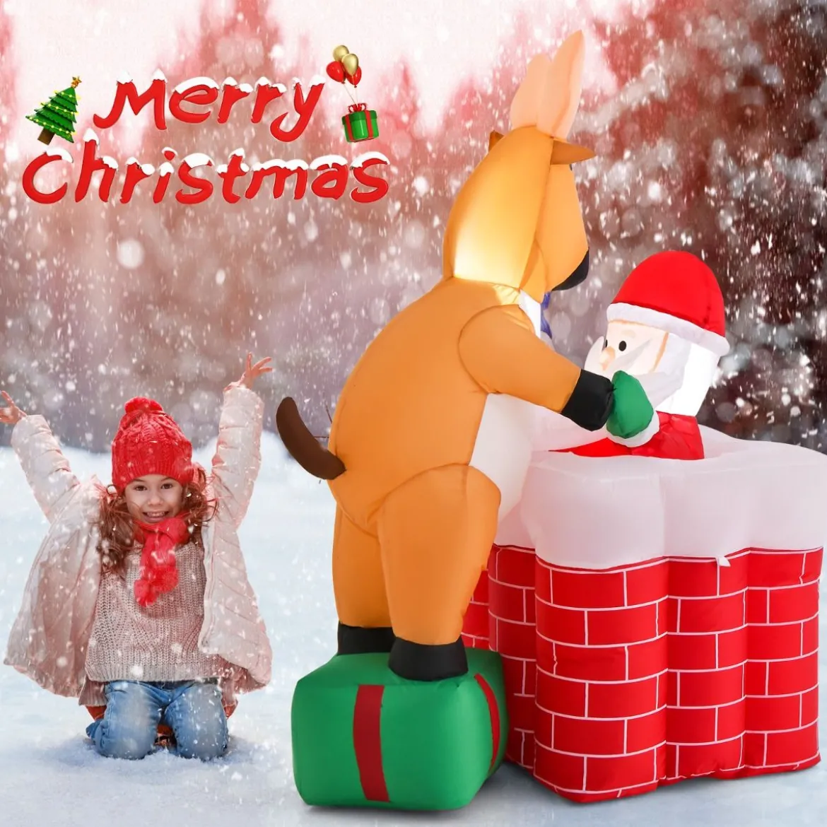 155 cm Aufblasbare Weihnachten Deko Höhenverstellbar LED Weihnachtsmann & Rentier
