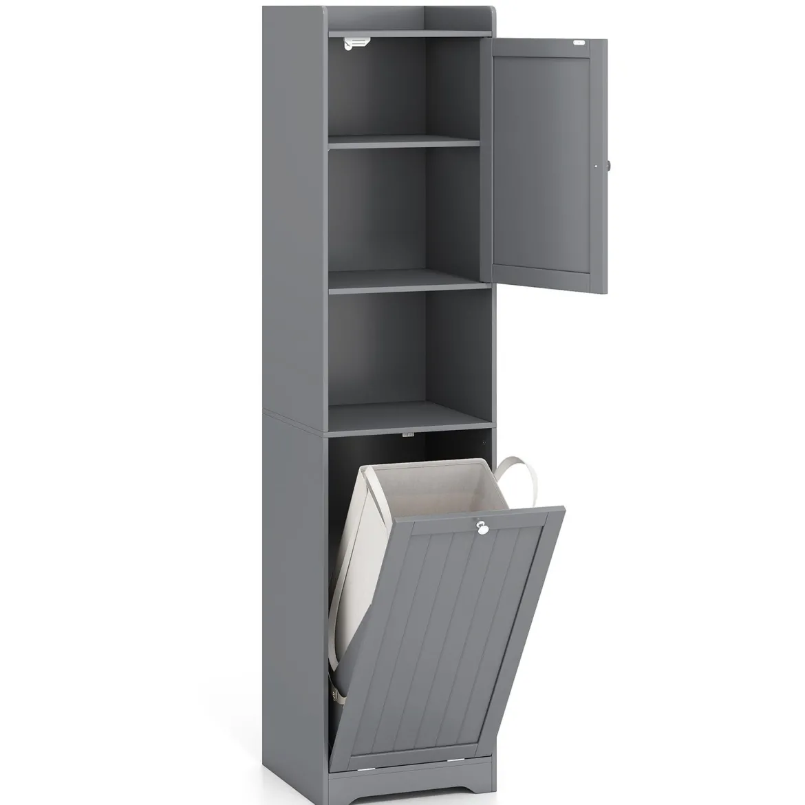 170 cm Badezimmerschrank hoher & schlanker Wäscheturm mit Stauraum verstellbares Regal Wäschesack Grau
