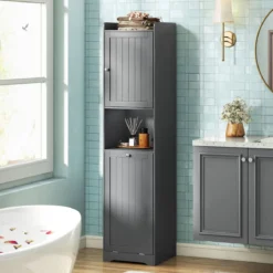 170 cm Badezimmerschrank hoher & schlanker Wäscheturm mit Stauraum verstellbares Regal Wäschesack Grau