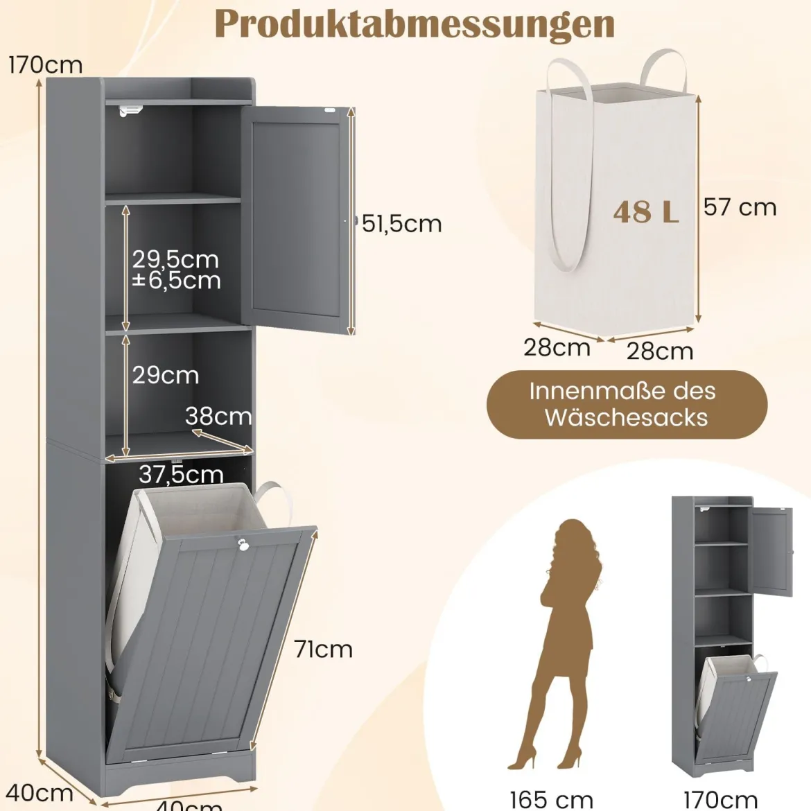 170 cm Badezimmerschrank hoher & schlanker Wäscheturm mit Stauraum verstellbares Regal Wäschesack Grau