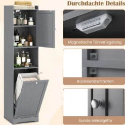 170 cm Badezimmerschrank hoher & schlanker Wäscheturm mit Stauraum verstellbares Regal Wäschesack Grau