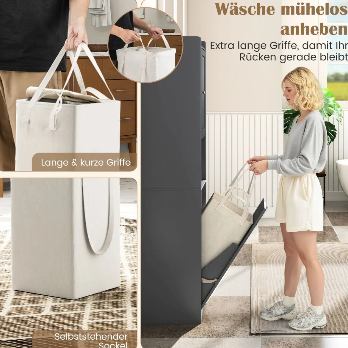 170 cm Badezimmerschrank hoher & schlanker Wäscheturm mit Stauraum verstellbares Regal Wäschesack Grau