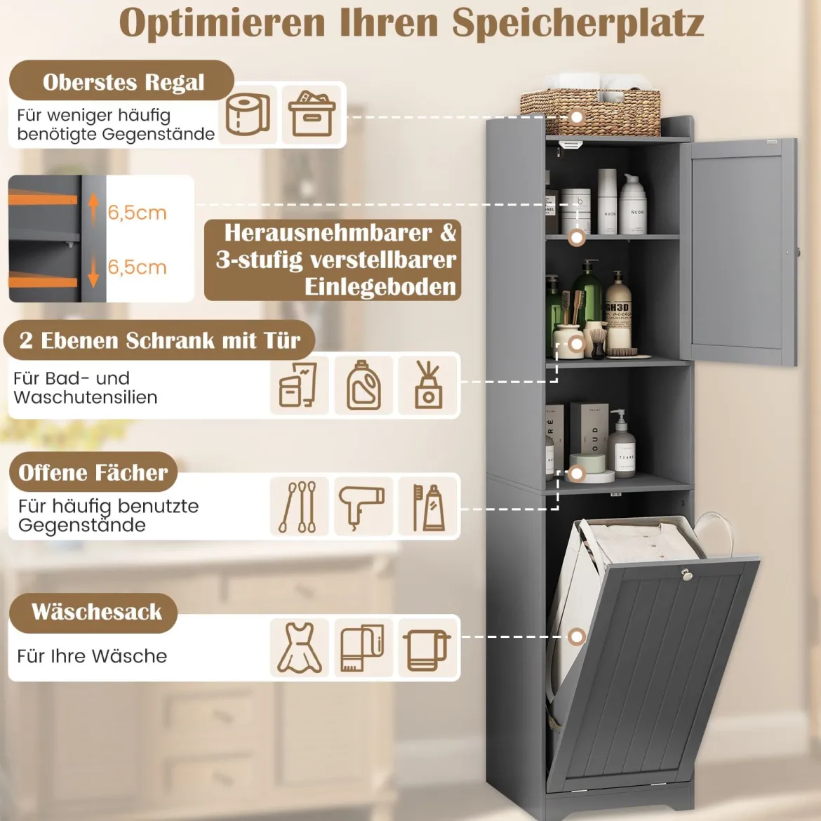 170 cm Badezimmerschrank hoher & schlanker Wäscheturm mit Stauraum verstellbares Regal Wäschesack Grau