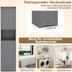 170 cm Badezimmerschrank hoher & schlanker Wäscheturm mit Stauraum verstellbares Regal Wäschesack Grau