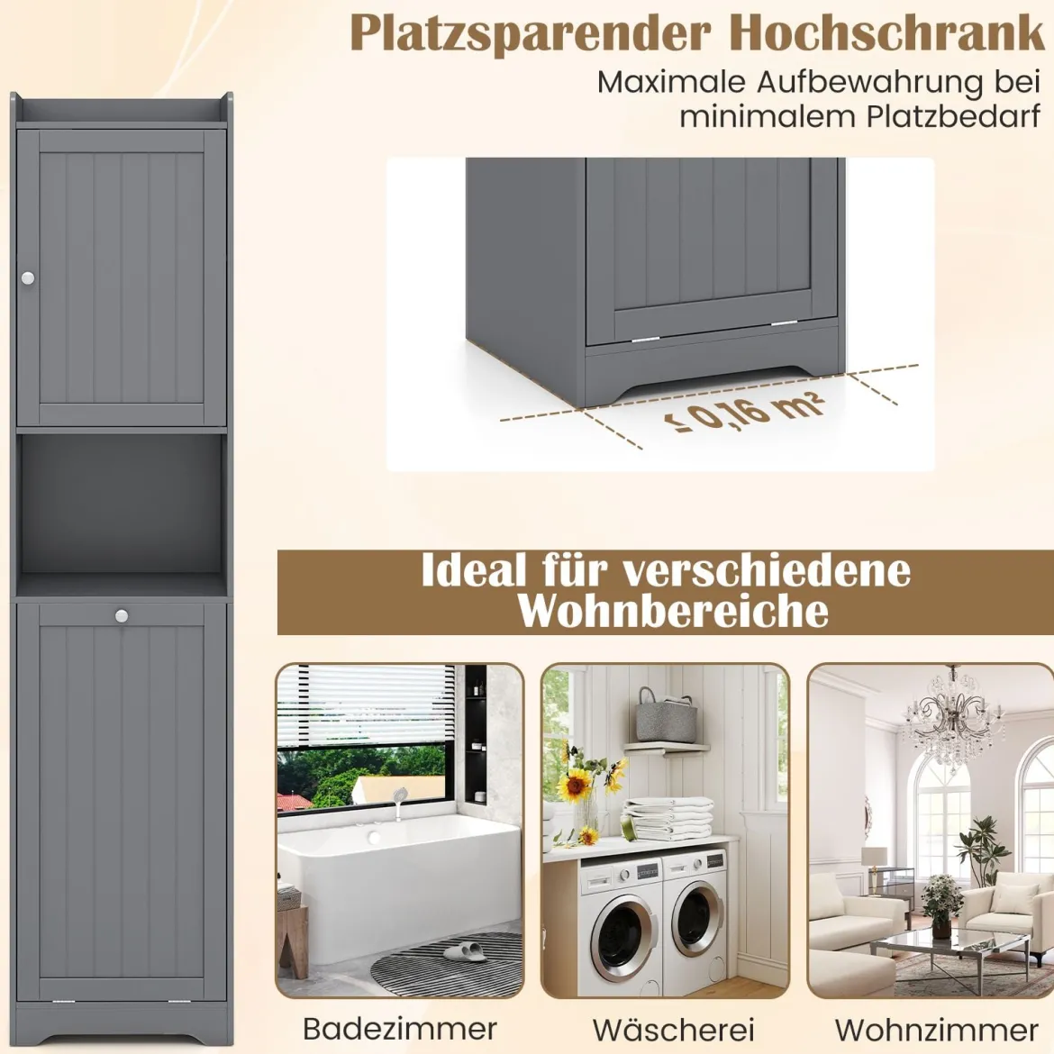 170 cm Badezimmerschrank hoher & schlanker Wäscheturm mit Stauraum verstellbares Regal Wäschesack Grau