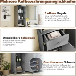 172 cm Badezimmerschrank schmaler Badschrank mit 3 offenen Regalen 1 Schublade 1 Tür Grau