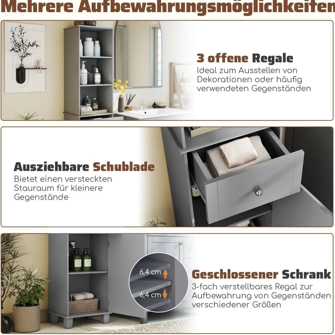 172 cm Badezimmerschrank schmaler Badschrank mit 3 offenen Regalen 1 Schublade 1 Tür Grau