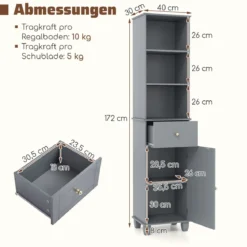 172 cm Badezimmerschrank schmaler Badschrank mit 3 offenen Regalen 1 Schublade 1 Tür Grau