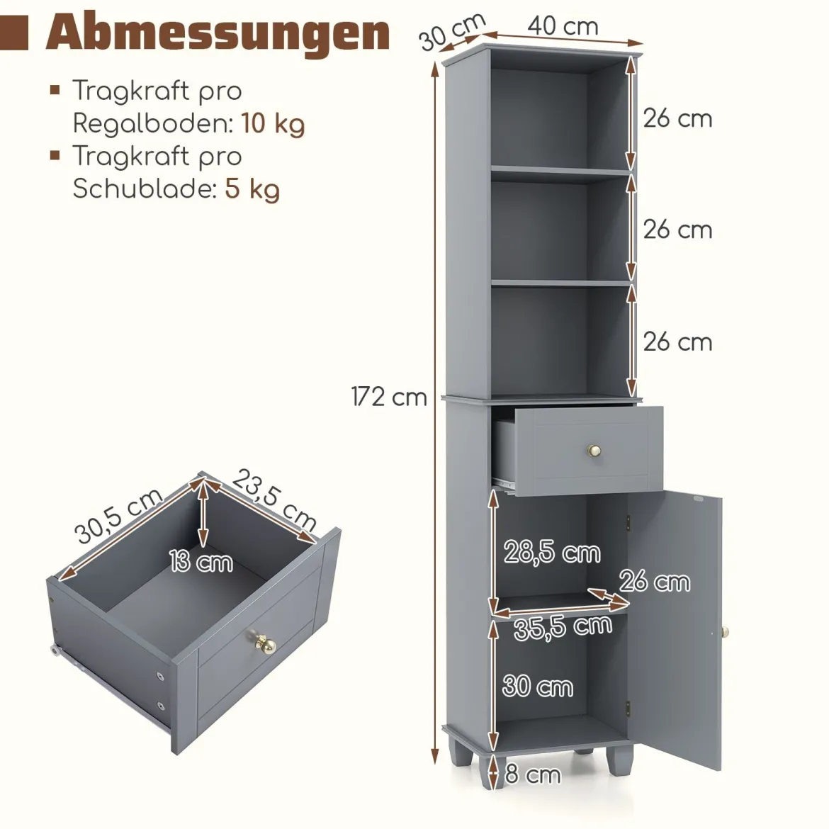 172 cm Badezimmerschrank schmaler Badschrank mit 3 offenen Regalen 1 Schublade 1 Tür Grau