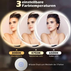 Ø70 cm Badspiegel mit Beleuchtung & 3-Farblichtern & Antibeschlag Dimmbarer Wandspiegel