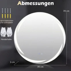 Ø70 cm Badspiegel mit Beleuchtung & 3-Farblichtern & Antibeschlag Dimmbarer Wandspiegel