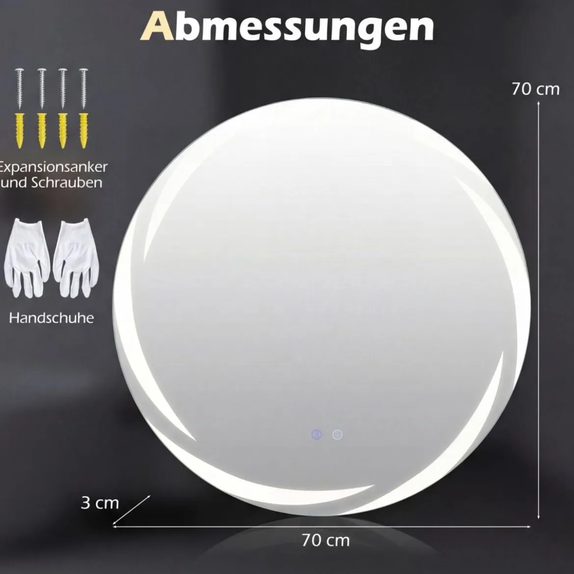 Ø70 cm Badspiegel mit Beleuchtung & 3-Farblichtern & Antibeschlag Dimmbarer Wandspiegel