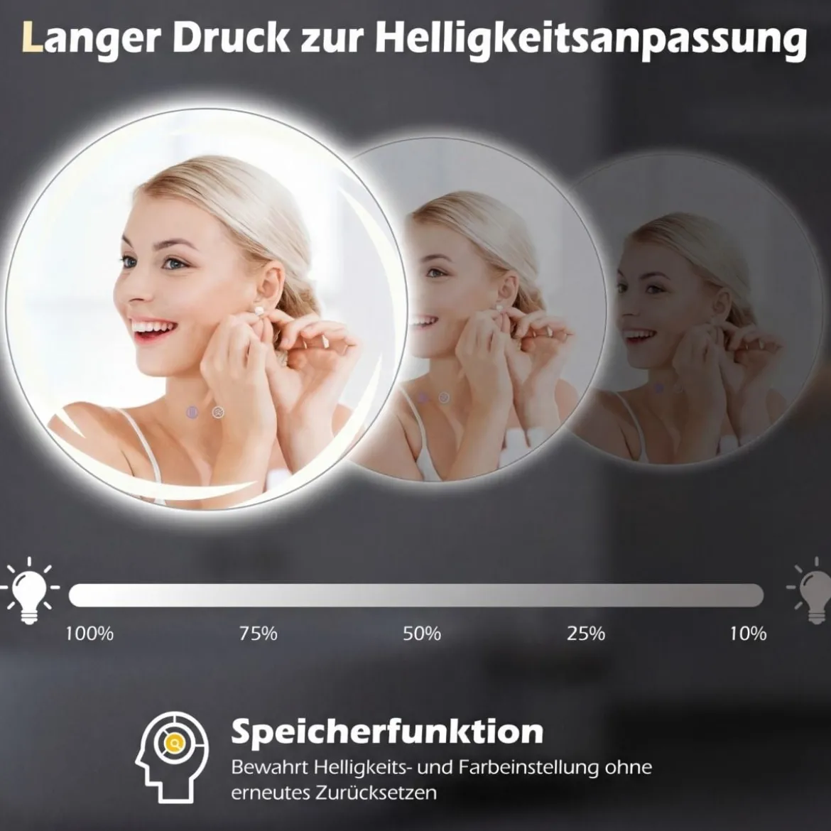 Ø60 cm Badspiegel mit Beleuchtung & 3-Farblichtern & Antibeschlag Dimmbarer Wandspiegel