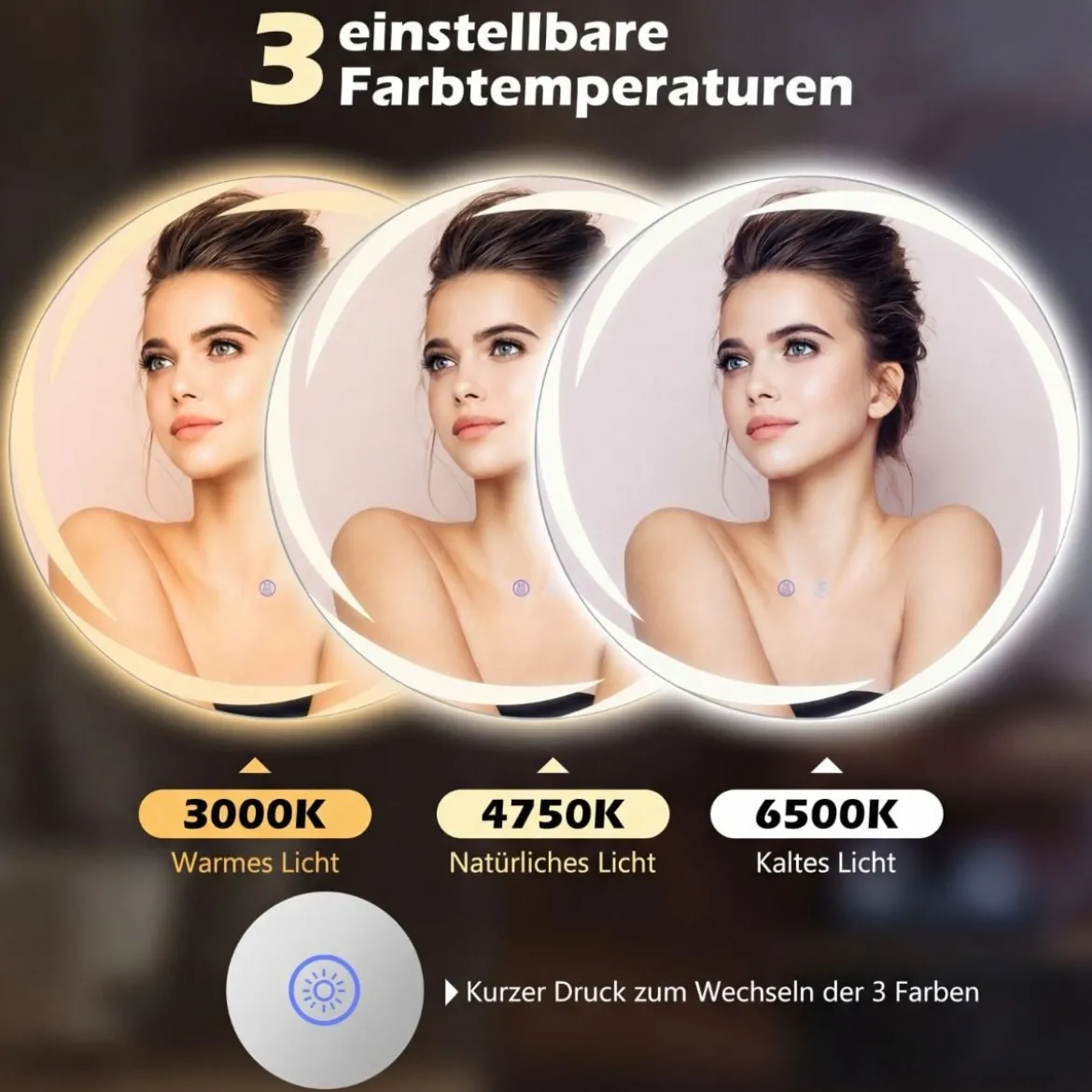Ø60 cm Badspiegel mit Beleuchtung & 3-Farblichtern & Antibeschlag Dimmbarer Wandspiegel