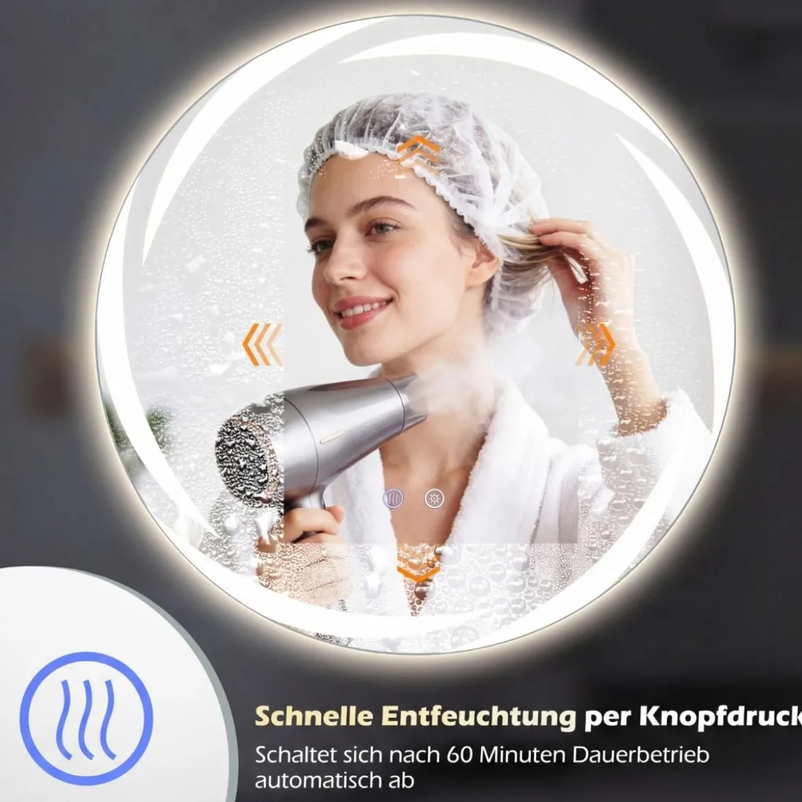 Ø60 cm Badspiegel mit Beleuchtung & 3-Farblichtern & Antibeschlag Dimmbarer Wandspiegel