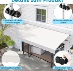 250 / 400 cm Balkonmarkise ohne Bohren mit Handkurbel Höhenverstellbare & Klemmmarkise