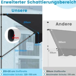 250 / 400 cm Balkonmarkise ohne Bohren mit Handkurbel Höhenverstellbare & Klemmmarkise