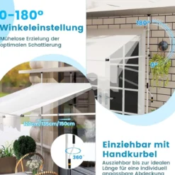 250 / 400 cm Balkonmarkise ohne Bohren mit Handkurbel Höhenverstellbare & Klemmmarkise