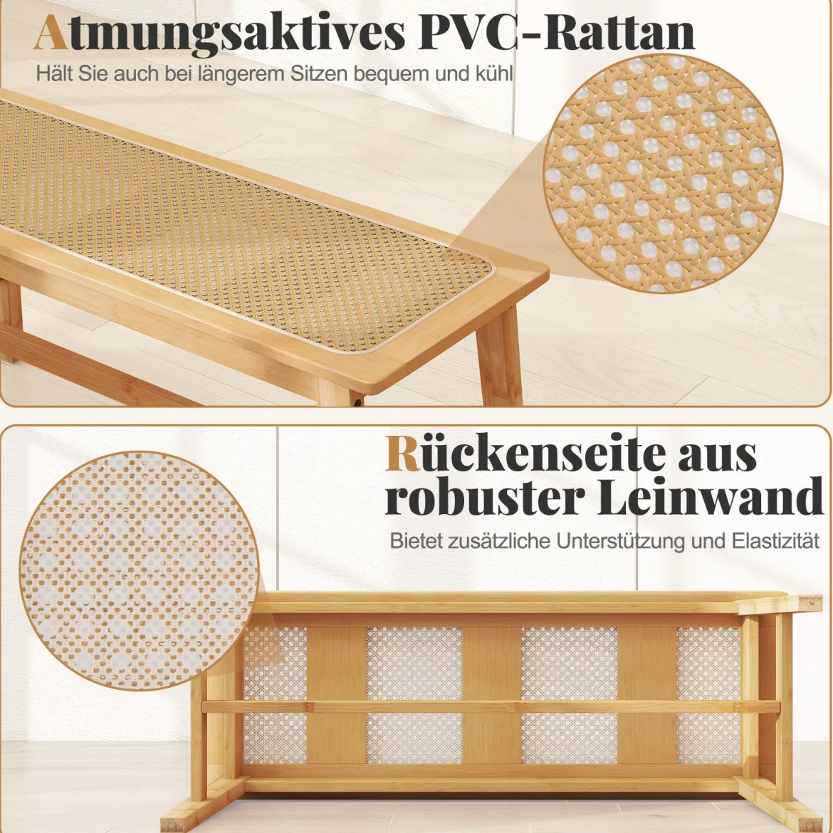 100cm Bambus Essbank mit handgewebtem Rattansitz Holzbank für den Eingangsbereich Landhaus-Küchentischbank Natur