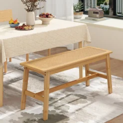 100cm Bambus Essbank mit handgewebtem Rattansitz Holzbank für den Eingangsbereich Landhaus-Küchentischbank Natur
